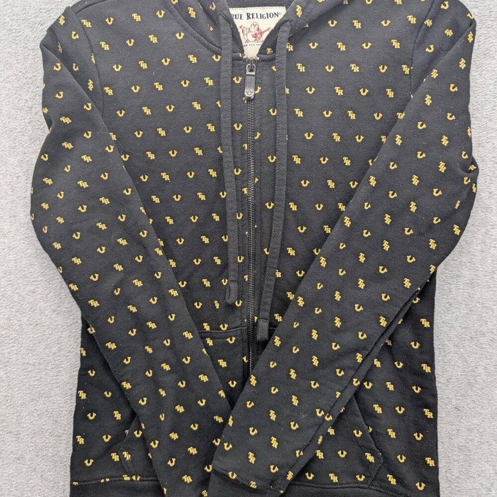 True Religion Hoodie Womens XS Black Full Zip All Over Logo Print Sweatshirt